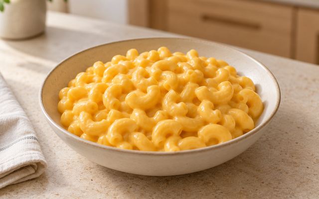A bowl of creamy mac and cheese.